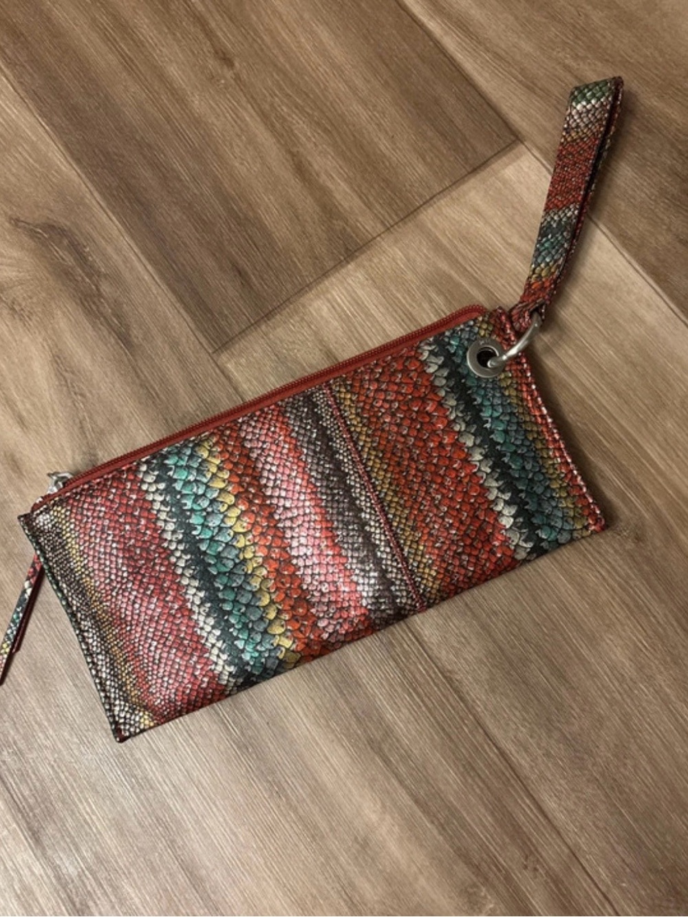HOBO Multicolor Snakeskin-Textured Wristlet Clutch - Red, Teal, Yellow, Brown